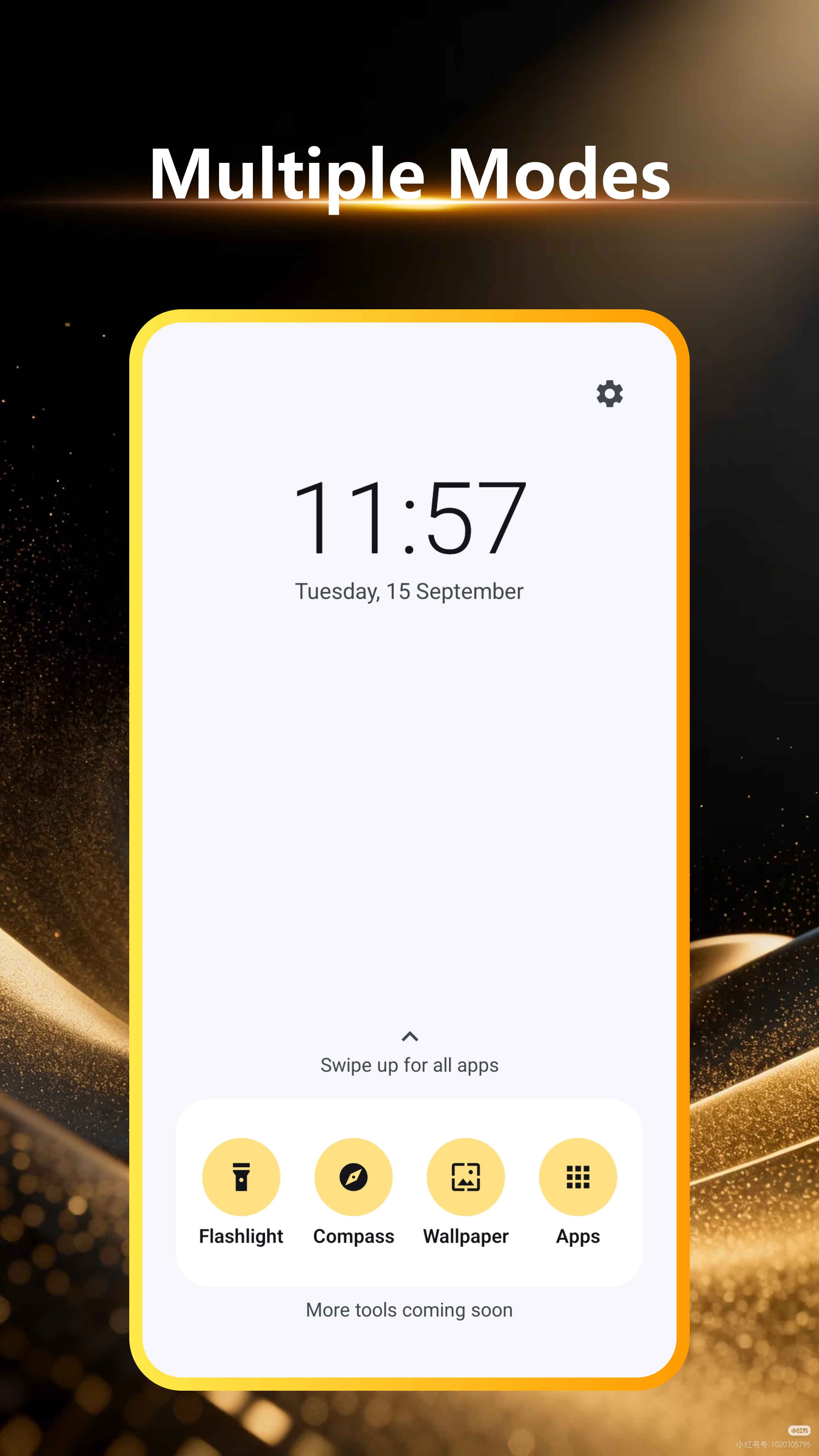 Lumio home screen with a large clock and shortcuts to Flashlight, Compass, Wallpaper, and Apps
